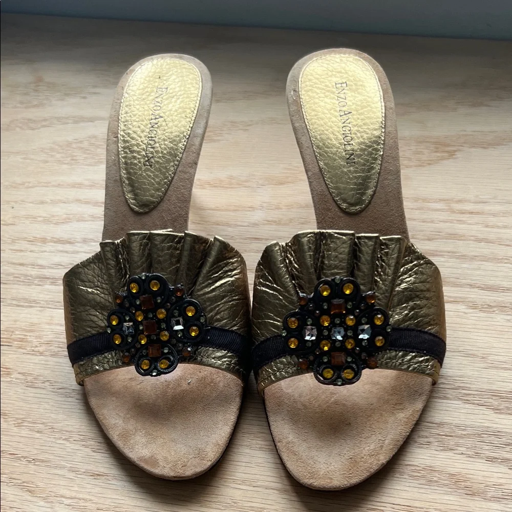 Enzo Angiolini Gold and Tan Embellished Sandals
